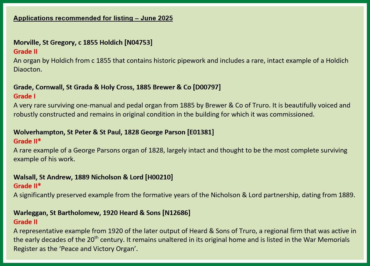 New Historic Organ Listings – June 2025