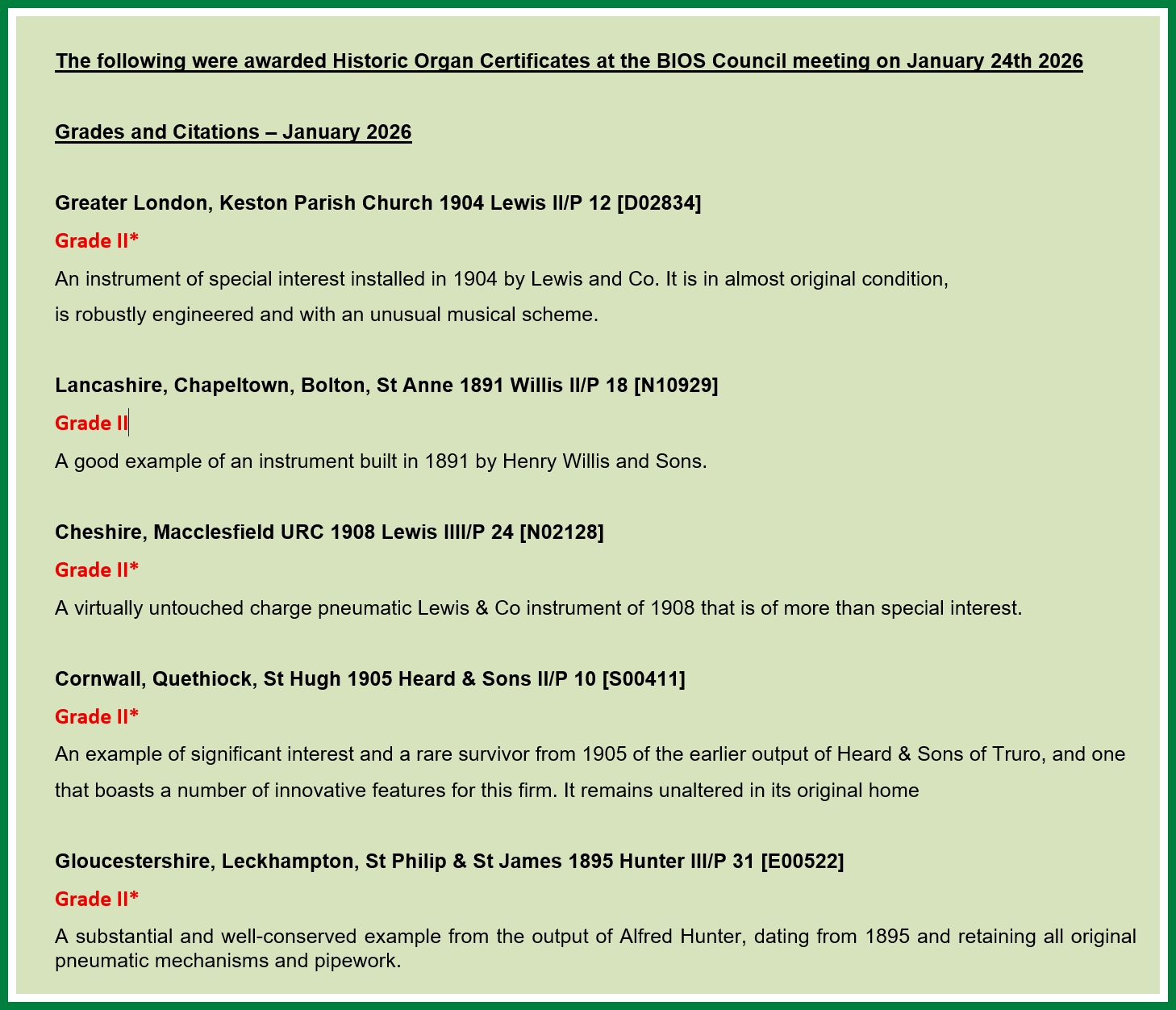 New Historic Organ Listings – January 2026